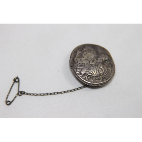 639 - ANCIENT GREEK SILVER COIN CONVERTED TO A BROOCH