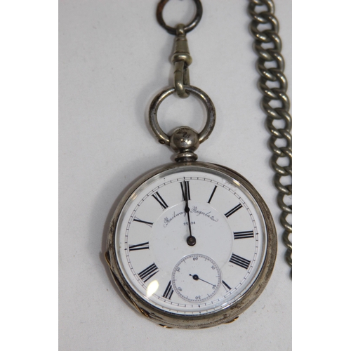 653 - GENTS RAILWAY REGULATOR 22394 FINE SILVER POCKET WATCH ON A SILER PLATED CHAIN WITH A RUSSIAN SILVER... 