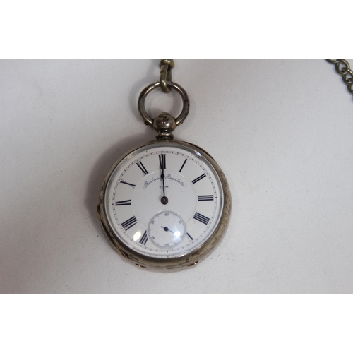 653 - GENTS RAILWAY REGULATOR 22394 FINE SILVER POCKET WATCH ON A SILER PLATED CHAIN WITH A RUSSIAN SILVER... 