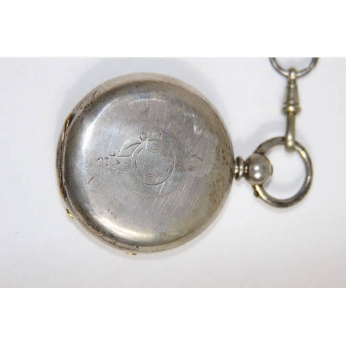 653 - GENTS RAILWAY REGULATOR 22394 FINE SILVER POCKET WATCH ON A SILER PLATED CHAIN WITH A RUSSIAN SILVER... 