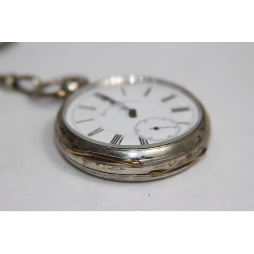 653 - GENTS RAILWAY REGULATOR 22394 FINE SILVER POCKET WATCH ON A SILER PLATED CHAIN WITH A RUSSIAN SILVER... 