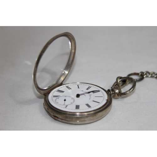 653 - GENTS RAILWAY REGULATOR 22394 FINE SILVER POCKET WATCH ON A SILER PLATED CHAIN WITH A RUSSIAN SILVER... 