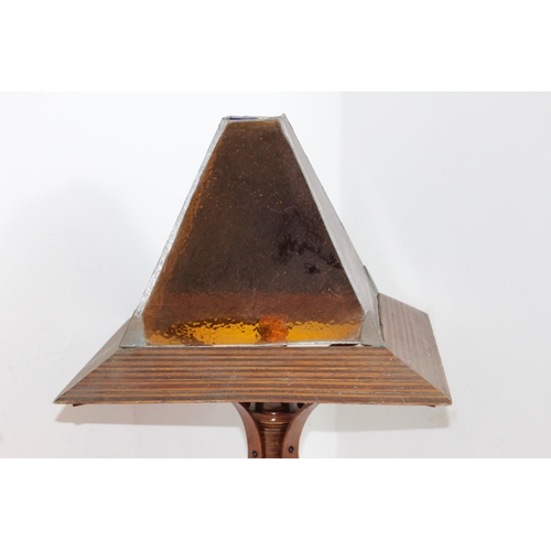 194 - LARGE WOODEN BASED AND FRAMED TABLE LAMP, SHADE MADE FROM 4 DIFFERENT COLOUR LEAD LINED PANELS WITH ... 