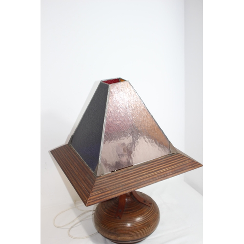 194 - LARGE WOODEN BASED AND FRAMED TABLE LAMP, SHADE MADE FROM 4 DIFFERENT COLOUR LEAD LINED PANELS WITH ... 