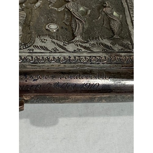 782 - INDIAN SILVER WHITE METAL CIGARETTE BOX WITH INSCRIPTION WITH LINKS TO DONGOLA, CITY IN SUDAN, PRESE... 