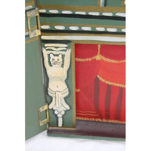 505 - VINTAGE HAND-PAINTED WOODEN PUPPET THEATRE BY JOHN BUTLER STDIOS WITH CHARACTERS, DROP SCENES AND BU... 