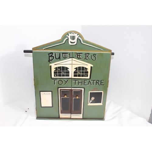 505 - VINTAGE HAND-PAINTED WOODEN PUPPET THEATRE BY JOHN BUTLER STDIOS WITH CHARACTERS, DROP SCENES AND BU... 