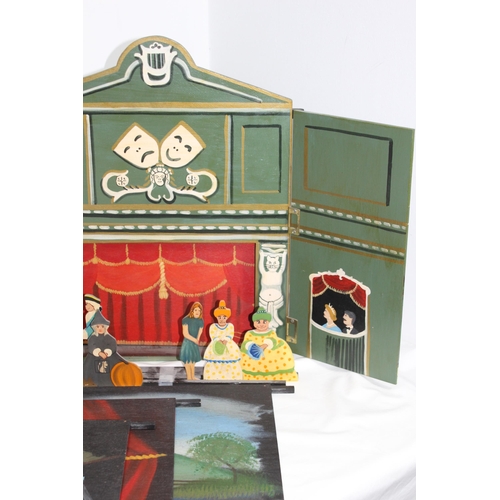 505 - VINTAGE HAND-PAINTED WOODEN PUPPET THEATRE BY JOHN BUTLER STDIOS WITH CHARACTERS, DROP SCENES AND BU... 