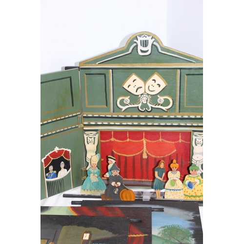 505 - VINTAGE HAND-PAINTED WOODEN PUPPET THEATRE BY JOHN BUTLER STDIOS WITH CHARACTERS, DROP SCENES AND BU... 