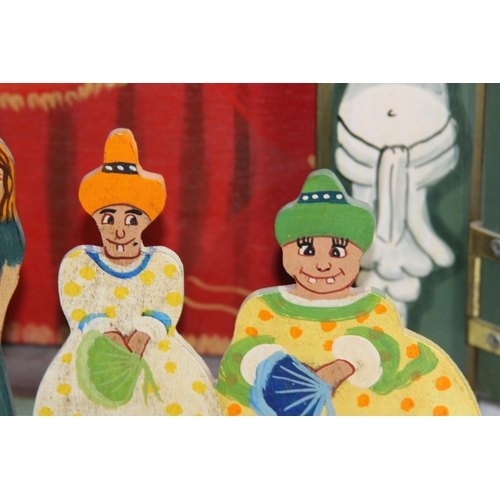 505 - VINTAGE HAND-PAINTED WOODEN PUPPET THEATRE BY JOHN BUTLER STDIOS WITH CHARACTERS, DROP SCENES AND BU... 