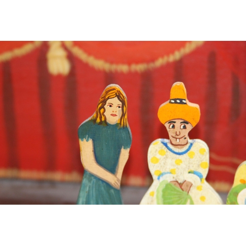 505 - VINTAGE HAND-PAINTED WOODEN PUPPET THEATRE BY JOHN BUTLER STDIOS WITH CHARACTERS, DROP SCENES AND BU... 