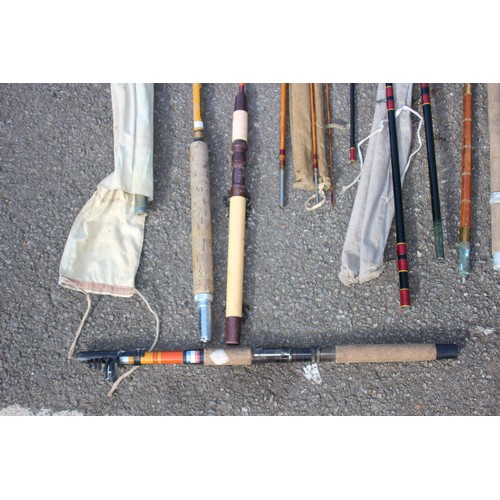 421 - 9 X FISHING RODS, REEL AND ASSORTED TACKLE