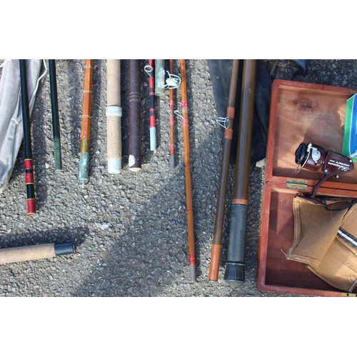 421 - 9 X FISHING RODS, REEL AND ASSORTED TACKLE