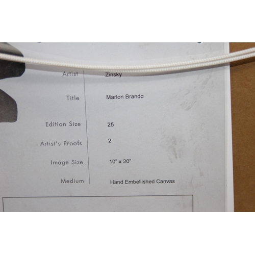 123 - ZINSKY MARLON BRANDO HAND EMBELLISHED CANVAS 
51 X 51CM