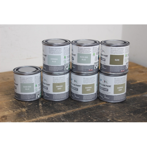 282 - ANNIE SLOAN 7 x 120ML TESTER CHALK PAINT POTS - NEW UNOPENED 3 X CHATEAU GREY, 2 X DUCK EGG BLUE, 1 ... 