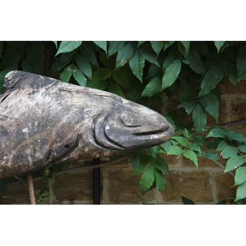 136 - CARVED WOODEN SALMON  ON STUMP
94 X 48CM