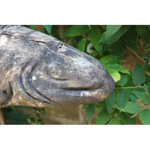 136 - CARVED WOODEN SALMON  ON STUMP
94 X 48CM