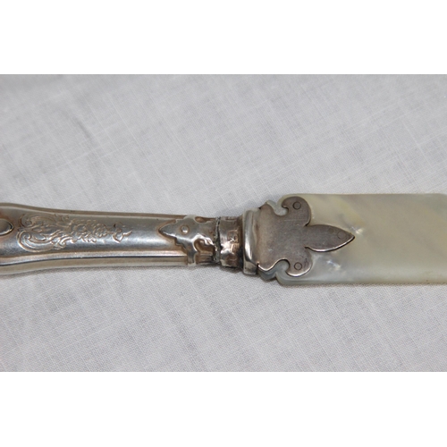 1055 - SILVER HANDLED LETTER OPENER WITH MOTHER OF PEARL BLADE - SHEFFIELD CIRCA 1880