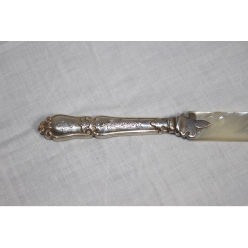 1055 - SILVER HANDLED LETTER OPENER WITH MOTHER OF PEARL BLADE - SHEFFIELD CIRCA 1880