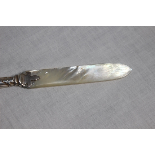 1055 - SILVER HANDLED LETTER OPENER WITH MOTHER OF PEARL BLADE - SHEFFIELD CIRCA 1880