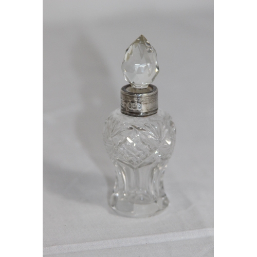 1084 - SILVER COLLARED CUT GLASS SMALL PERFUME BOTTLE - LONDON 1915 AND ONE OTHER