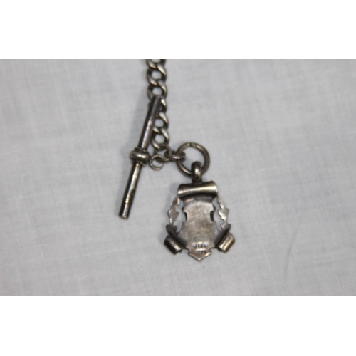 1085 - GRADUATED SILVER WATCH CHARM WITH A SILVER AND GOLD FOB - 26CM