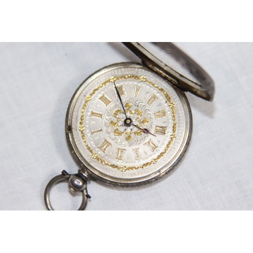 1092 - SILVER DIAL SWISS SILVER 935 GRADE POCKET WATCH WITH GILT DIAL DECORATION