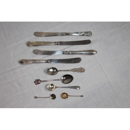 1094 - SELECTION OF SILVER SPOONS BOTH ENGLISH AND CONTINENTAL AND FOUR SILVER HANDLED KNIVES - VARIED MARK... 