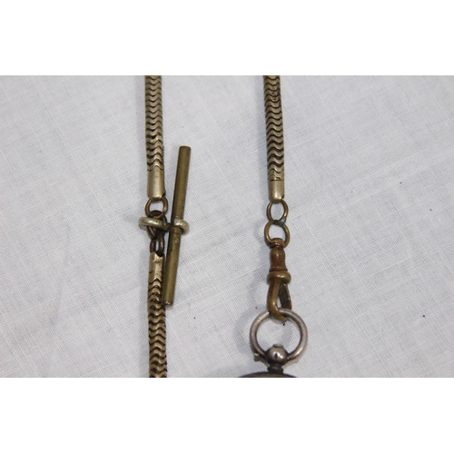 1097 - SWISS SILVER FOB WATCH ON A METAL CHAIN WITH SWIZZLE FOB