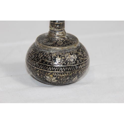 1098 - MIDDLE EASTERN WHITE METAL VASE WITH NIELLO DECORATION