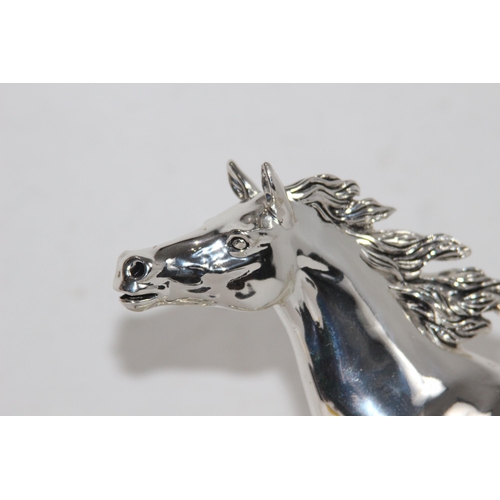 1111 - LARGE ITALIAN SILVER COVERED SCULPTURE OF A RUNNING HORSE ON A WOODEN PLINTH AND SIGNED MARCELLO GIO... 