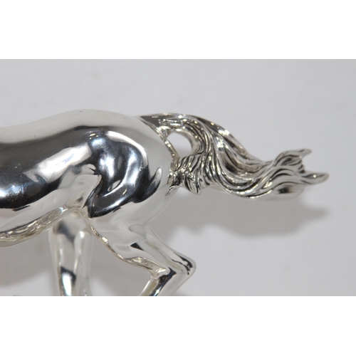 1111 - LARGE ITALIAN SILVER COVERED SCULPTURE OF A RUNNING HORSE ON A WOODEN PLINTH AND SIGNED MARCELLO GIO... 