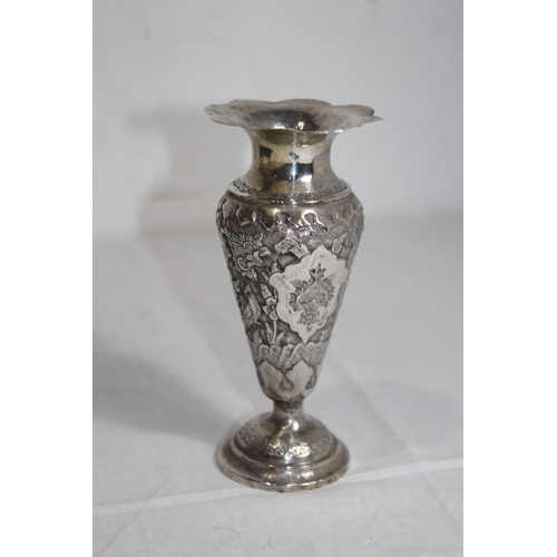 1117 - INDIAN SILVER WHITE METAL VASE WITH EMBOSSED BIRD DECORATION AND MAKERS MARK TO NECK - 130G UNWEIGHT... 