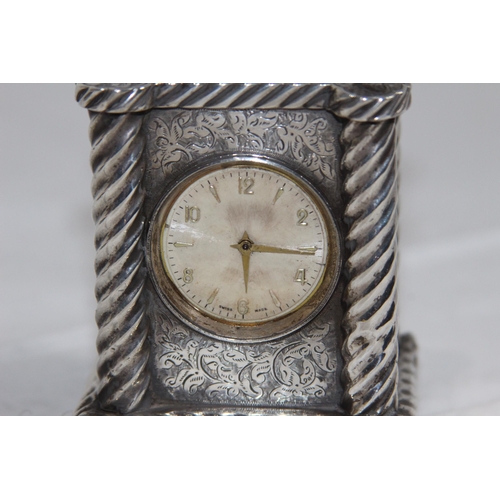 1122 - VICTORIAN BRIGHT-CUT SILVER CARRIAGE CLOCK WITH TWIST COLUMNS TO EACH CORNER - LONDON 1891 - GROSS W... 