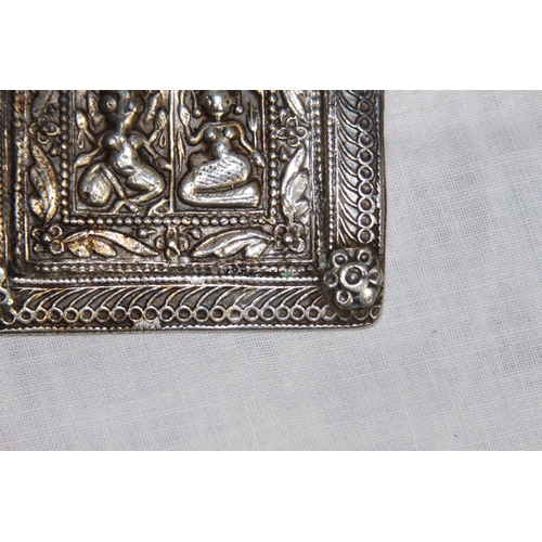 1125 - INDIAN SILVER WHITE PANEL FEATURING DEITIES - 6 X 7CM