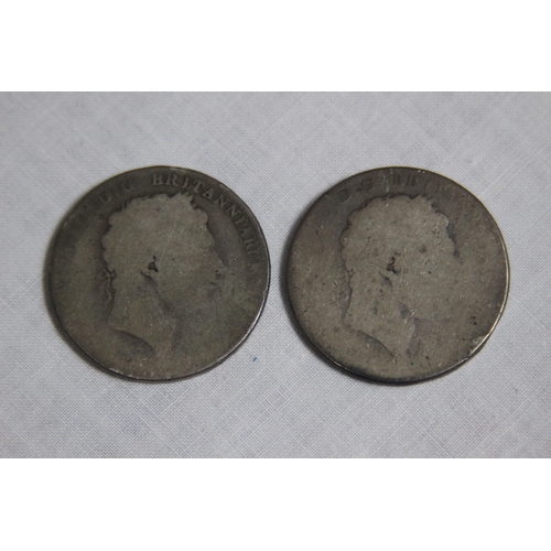 947 - TWO GEORGE III SILVER CROWN COINS WITH WEAR