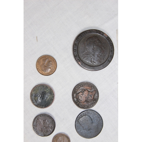 954 - CARTOUCHE 2 PENCE AND 1 PENCE COINS 1797 AND A SELECTION OF BRITISH COPPER COINS GEORGIAN AND LATER