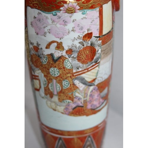 840 - TWO GRADUATED JAPANESE KUTANI VASES WITH PANELS DECORATED WITH BIRDS AND FIGURES 
32CM