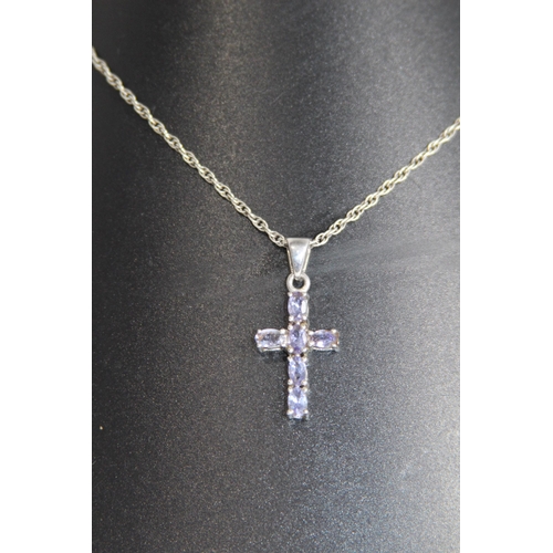 1014 - STONE SET CROSS PENDANT SILVER NECKLACE