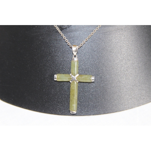 1030 - SILVER AND JADE CRUCIFIX NECKLACE