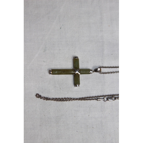 1030 - SILVER AND JADE CRUCIFIX NECKLACE