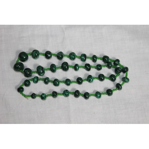 1035 - TWO SILVER BRACELETS AND A MALACHITE BEAD NECKLACE