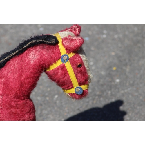 684 - VINTAGE RETRO 1950S SMALL LINES BROTHERS STRAW FILLED PINK MOHAIR ROCKING HORSE 
75 X 51CM