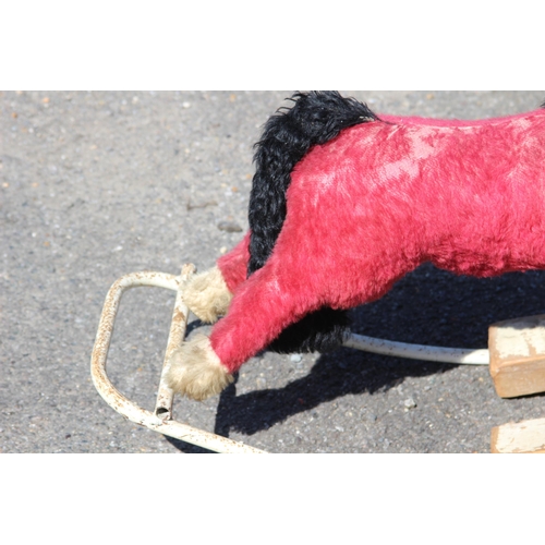 684 - VINTAGE RETRO 1950S SMALL LINES BROTHERS STRAW FILLED PINK MOHAIR ROCKING HORSE 
75 X 51CM