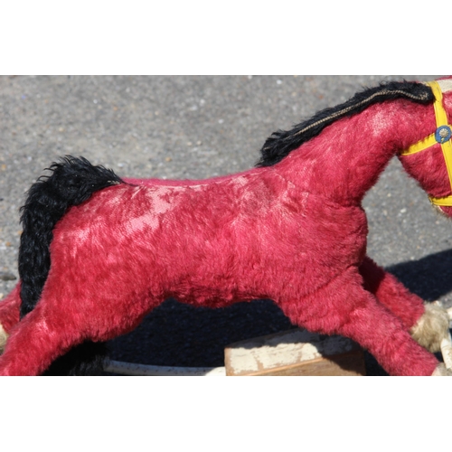 684 - VINTAGE RETRO 1950S SMALL LINES BROTHERS STRAW FILLED PINK MOHAIR ROCKING HORSE 
75 X 51CM