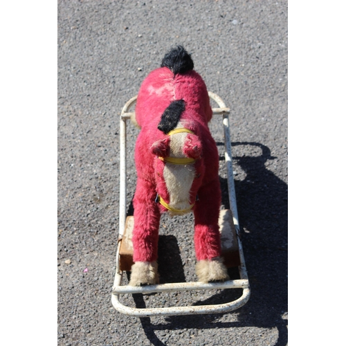 684 - VINTAGE RETRO 1950S SMALL LINES BROTHERS STRAW FILLED PINK MOHAIR ROCKING HORSE 
75 X 51CM