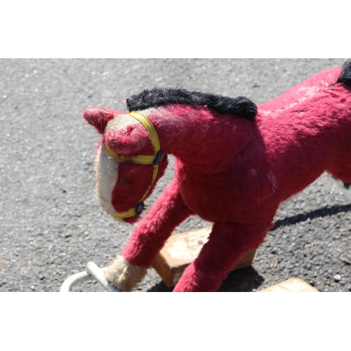 684 - VINTAGE RETRO 1950S SMALL LINES BROTHERS STRAW FILLED PINK MOHAIR ROCKING HORSE 
75 X 51CM