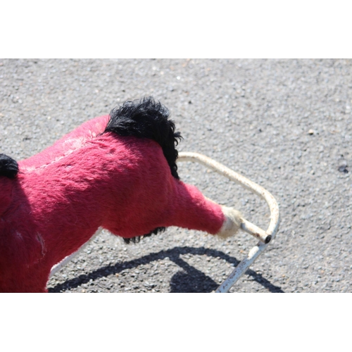 684 - VINTAGE RETRO 1950S SMALL LINES BROTHERS STRAW FILLED PINK MOHAIR ROCKING HORSE 
75 X 51CM