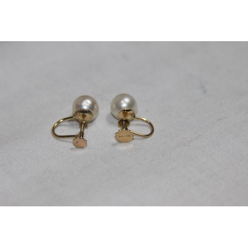 1187 - PAIR OF LARGE PEARL EARRINGS ON 9CT GOLD SETTING - 3G