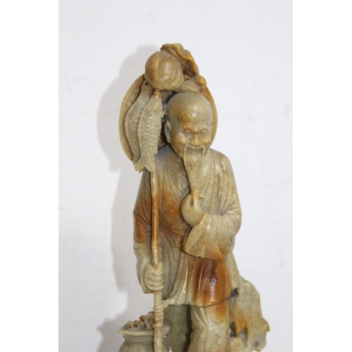 307 - 2 X SOAPSTONE AND 2 X CARVED ORIENTAL FIGURES 
31CM